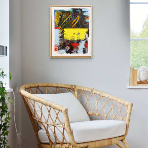 "Talking to Myself" by Steven McHugh  Image: Room view, "Talking to Myself" is an original mixed media painting on a 20"x 16" inch wood panel that showcases a unique combination of oil and cold wax, oil bars, graphite, and charcoal. The textured surface and broad lemon yellow strip add depth and interest to the piece, making it a true standout. The artwork boasts an array of unique marks and color patches that are sure to capture your attention. This one-of-a-kind painting is perfect for any art collector looking for a conversation starter in their home or office. Framed in gallery floating frame with clear varnish.