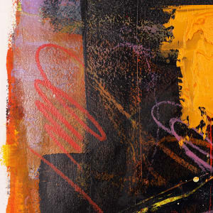"Exchange" by Steven McHugh  Image: Detail view, "Exchange", an original artwork by the talented artist Steven McHugh, now available on our website. This bold and striking piece features an abstract composition with bold colors and a unique combination of oil and cold wax, crayon, and graphite mark making, accented by a bold thick strip of orange. Measuring 16" x 20" on a sturdy wood panel, it comes beautifully framed by a varnished wood gallery floating frame. Don't miss your chance to add this one-of-a-kind piece to your collection today