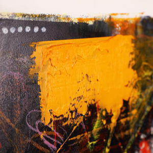 "Exchange" by Steven McHugh  Image: Detail view,  "Exchange", an original artwork by the talented artist Steven McHugh, now available on our website. This bold and striking piece features an abstract composition with bold colors and a unique combination of oil and cold wax, crayon, and graphite mark making, accented by a bold thick strip of orange. Measuring 16" x 20" on a sturdy wood panel, it comes beautifully framed by a varnished wood gallery floating frame. Don't miss your chance to add this one-of-a-kind piece to your collection today
