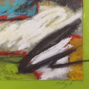 "Discover" by Steven McHugh  Image: Detail view, "Discover" the vibrant energy captured in this original painting by Steven McHugh. Bold teal and spring-time lime green colors pop against the 16" x 12" wood panel canvas. Abstract lines and mark making bring a sense of motion and depth to the piece, created using oil and cold wax and oil crayon. The clear varnished gallery floating frame adds a modern touch to this dynamic work of art. Add a splash of color and texture to your space with "Discover".