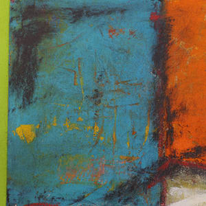 "Discover" by Steven McHugh  Image: Detail view, "Discover" the vibrant energy captured in this original painting by Steven McHugh. Bold teal and spring-time lime green colors pop against the 16" x 12" wood panel canvas. Abstract lines and mark making bring a sense of motion and depth to the piece, created using oil and cold wax and oil crayon. The clear varnished gallery floating frame adds a modern touch to this dynamic work of art. Add a splash of color and texture to your space with "Discover".