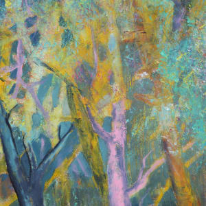 "Surroundings" by Steven McHugh  Image: Detail view, "Surroundings", a captivating and unique landscape painting that will transport you to a mystical forest realm. The vivid hues of teal, green, and magenta create a dreamlike atmosphere that will capture your imagination. This mixed media artwork is crafted with a focus on the wild and untamed nature of the forest, showcasing the beauty in chaos. Measuring 22" x 30" inches, this oil and cold wax painting is mounted on a sturdy wood panel and framed in a gallery floating clear varnished frame, making it a stunning addition to any wall.