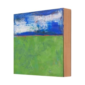 "Landscape #13" by Steven McHugh  Image: Side view of "Landscape #13," a striking piece by bold minimalist abstract landscape Madeline Island artist, Steve McHugh. This captivating painting features a wood panel split into a textured green lower area, a thin red strip at the horizon, and an expressive, moving blue sky with clouds. Crafted using oil and cold wax, the piece measures 8" x 8" x 2.5" and offers the versatility to be hung or placed on a shelf. Immerse yourself in the unique blend of texture, color, and form that defines McHugh's evocative abstract landscapes. Enhance your space with this remarkable work from stevemchughart.com. Shipping in the U.S. is provided.

This artwork employs an abstract and minimalist style. It consists of two primary regions: the upper portion features a band of dynamic blue and white brushstrokes, suggesting an evocative sky or atmospheric effect with a blend of rich hues and implied movement. The lower region is dominated by a solid expanse of green, reminiscent of a vast meadow or field, with subtle textural variations and undertones. A slim red line separates the two regions, contributing a stark contrast and adding depth to the piece. The overall composition balances simplicity with vibrant colors and textures, creating a sense of both calm and energy.