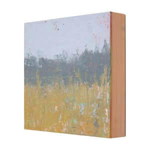 "Landscape #1" by Steven McHugh  Image: This small painting is an abstract piece featuring a landscape-like composition. The bottom third of the canvas is dominated by a variety of earthy yellow and green tones, mingled with scattered patches of light blue, pink, and orange, creating a textural, almost floral effect. Above this, a band of deeper gray hues suggests a distant horizon or tree line, blending upwards into a lighter, muted sky. The entire painting has a layered texture with visible brushstrokes and a slightly rough surface, adding depth to the minimalistic color palette and giving a sense of movement and vibrancy to the scene.

"Landscape #1," is a 8" x 8" oil and cold wax painting on wood panel by Steve McHugh,  abstract painter based on Madeline Island. This versatile piece can effortlessly enhance your space, standing  on a shelf or hanging elegantly with the wire installed on the back.  "Landscape #1" comes ready to hang and includes shipping within the U.S. Add a touch of Steve's island-inspired artistry to your home or office with this unique, mixed-media gem. 