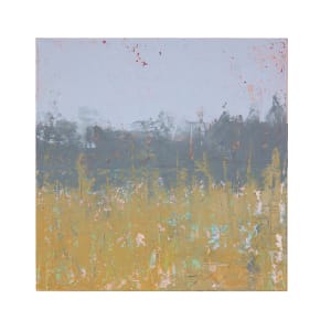 "Landscape #1" by Steven McHugh  Image: This small painting is an abstract piece featuring a landscape-like composition. The bottom third of the canvas is dominated by a variety of earthy yellow and green tones, mingled with scattered patches of light blue, pink, and orange, creating a textural, almost floral effect. Above this, a band of deeper gray hues suggests a distant horizon or tree line, blending upwards into a lighter, muted sky. The entire painting has a layered texture with visible brushstrokes and a slightly rough surface, adding depth to the minimalistic color palette and giving a sense of movement and vibrancy to the scene.

"Landscape #1," is a 8" x 8" oil and cold wax painting on wood panel by Steve McHugh,  abstract painter based on Madeline Island. This versatile piece can effortlessly enhance your space, standing  on a shelf or hanging elegantly with the wire installed on the back.  "Landscape #1" comes ready to hang and includes shipping within the U.S. Add a touch of Steve's island-inspired artistry to your home or office with this unique, mixed-media gem. 