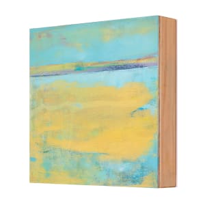 "Landscape #14" by Steven McHugh  Image: Side view of  "Landscape #14," an original small abstract landscape using pastel teal/blue and yellow horizon. This exquisite piece, crafted with oil and cold wax on a wood panel, measures 8" x 8" x 2.5, offering versatile display options; it can be hung or placed on a shelf. As a prominent feature of my collection at stevemchughart.com, it embodies the essence of non-representational abstract art inspired by the natural surroundings of the Apostle Islands. Discover the detailed textures and tranquil hues that make this artwork unique. Enjoy the convenience of having shipping included anywhere in the U.S.

The artwork is an abstract landscape painting featuring a harmonious blend of colors evoking a dreamy landscape. Dominant hues of turquoise and yellow create a serene and expansive appearance. The turquoise suggests water or sky, which smoothly transitions into the yellow, evoking a sense of sandy shores. Thin horizontal strokes in the upper portion introduce additional earthy tones, lending depth and possibly suggesting distant horizons. The texture is soft and blended, giving the painting a tranquil and ethereal atmosphere.