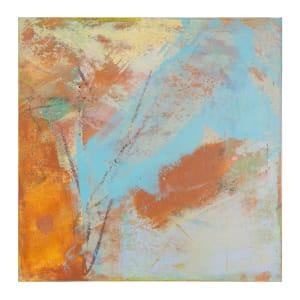 "Fly Over #3" by Steven McHugh  Image: "Fly Over #3" is a captivating small original abstract landscape painting from an overhead view, showcasing the vibrant red clay of Madeline Island and serene waters. Created with a unique blend of oil, crayon, and cold wax on an 8" x 8" x 2.5" wood panel, this piece embodies the natural beauty of the Apostle Islands. It is ready to hang on the wall or stand on a shelf thanks to its deep panel design. Each purchase comes with free shipping in the U.S., making it easy to bring a piece of Madeline Island into your home. Add this one-of-a-kind artwork to your collection and let it inspire your space with its abstract charm.

This abstract landscape painting featuring a harmonious blend of colors and textures. The artwork showcases broad, dynamic strokes with dominant hues of orange, light blue, and soft peach. Intermingled are hints of yellow and green, adding depth and complexity. The paint has been applied in a layered fashion, with visible brushstrokes and areas of blending, creating a sense of movement and energy. The overall composition is balanced yet spontaneous, inviting viewers to explore and interpret its abstract forms and interactions.