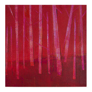 "Landscape #7" by Steven McHugh  Image: Discover the captivating allure of "Landscape #7," a small original oil and cold wax abstract landscape in reds by Madeline Island artist, Steve McHugh. This vibrant piece measures 8" x 8" x 2.5", making it perfect for hanging or displaying on a shelf thanks to its deep panel. Every brushstroke reflects the spirit of the Apostle Islands, bringing a touch of nature’s beauty into your home. Plus, enjoy the convenience of shipping included within the U.S. Add this unique artwork to your collection today and let the essence of Madeline Island inspire your space.

This  abstract painting is characterized by vertical lines resembling tree trunks. It employs a rich palette dominated by shades of red and purple. The vertical elements vary in width and blend into the deep red background, creating a sense of depth and abstraction. The use of color and form evokes a forest-like environment, where the vertical lines intersect and overlap, contributing to the complexity of the piece. The overall composition is striking and dynamic, emphasizing the interplay between color and shape.