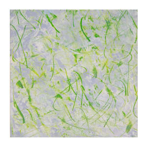 "Icy Pond" by Steven McHugh  Image: Immerse yourself in the tranquil beauty of "Icy Pond," an original small oil and cold wax painting on wood panel by Island artist Steve McHugh. This exquisite piece captures the essence of looking through the ice at the Madeline Island Lagoon, revealing water plants frozen in time. The layers of paint with swirls of greens and yellow beneath a light pale blue layer evoke serenity and depth. Measuring 8" x 8" x 2.5", this painting's deep panel provides a striking three-dimensional presence and can be hung or set on a shelf. Elevate your space with this captivating expression of nature's artistry. Includes the price for shipping in the U.S.

This abstract painting is dominated by swirls and strokes predominantly in shades of green and yellow. These colors contrast against a light background, which contains hints of white and blue. The green and yellow lines overlap and intertwine, creating dynamic and lively patterns. The composition evokes a sense of movement and energy. The use of bright colors and fluid lines gives the piece a vibrant and organic feel.
