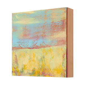 "Landscape #8" by Steven McHugh  Image: Side view of  "Landscape #8," a small dreamy abstract landscape by Madeline Island artist Steve McHugh. This 8" x 8" x 2.5" oil and cold wax painting on wood panel captivates with its dual segments: a textured yellow/green lower half and an upper expanse of blues, reds, and yellow. Its versatile design allows it to be beautifully displayed either hung or placed on a shelf, adding a touch of serene artistry to any space. This piece reflects the unique non-representational abstract style that defines Steve McHugh's work, rooted deeply in the inspiration drawn from the breathtaking Apostle Islands in Lake Superior, WI. Shipping is included to the U.S.
Explore more distinctive creations at stevemchughart.com.

The abstract landscape painting has the compositiondivided into two horizontal sections. The bottom portion showcases a field with dominant shades of yellow, interspersed with green and hints of pink. The texture within this section is rough, adding depth and intrigue to the yellow expanse. The upper part depicts a sky-like expanse with a mix of blue, pink, and orange hues. The colors blend and overlap, creating an ethereal and serene atmosphere. The boundary between the field and the sky is somewhat blurred, lending a dreamy quality to the piece.