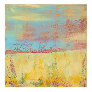 "Landscape #8" by Steven McHugh  Image: Immerse yourself in the tranquil essence of "Landscape #8," a small dreamy abstract landscape by Madeline Island artist Steve McHugh. This 8" x 8" x 2.5" oil and cold wax painting on wood panel captivates with its dual segments: a textured yellow/green lower half and an upper expanse of blues, reds, and yellow. Its versatile design allows it to be beautifully displayed either hung or placed on a shelf, adding a touch of serene artistry to any space. This piece reflects the unique non-representational abstract style that defines Steve McHugh's work, rooted deeply in the inspiration drawn from the breathtaking Apostle Islands in Lake Superior, WI. Shipping is included to the U.S.
Explore more distinctive creations at stevemchughart.com.

The abstract landscape painting has the compositiondivided into two horizontal sections. The bottom portion showcases a field with dominant shades of yellow, interspersed with green and hints of pink. The texture within this section is rough, adding depth and intrigue to the yellow expanse. The upper part depicts a sky-like expanse with a mix of blue, pink, and orange hues. The colors blend and overlap, creating an ethereal and serene atmosphere. The boundary between the field and the sky is somewhat blurred, lending a dreamy quality to the piece.