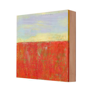 "Landscape #10" by Steven McHugh  Image: Side view of "Landscape #10," an abstract painting by Madeline Island painter Steve McHugh. This unique painting features a dramatic contrast of bold reds/greens in the lower half and a serene sky half of blues, purples, and a yellow horizon glow. Created with oil and cold wax, this 8" x 8" x 2.5" piece on wood panel offers versatility; display it on a shelf or hang it with ease due to its deep panel. Perfect for art enthusiasts looking to add a touch of non-representational beauty to their collection. Enjoy free shipping in the U.S. when you order this stunning piece from stevemchughart.com.

This artwork is an abstract landscape painting is characterized by it's horizontal composition. The bottom portion of the painting is dominated by a vibrant, textured red field with hints of green and yellow, evoking a sense of movement and depth. Above this, a softer, pastel sky features shades of light blue, lavender, and hints of yellow, giving a tranquil contrast to the intense lower half. The meeting point of these two sections is a subtle, uneven horizon, creating an impressionistic landscape that stimulates contemplation and emotion through its bold color contrasts and expressive brushwork.