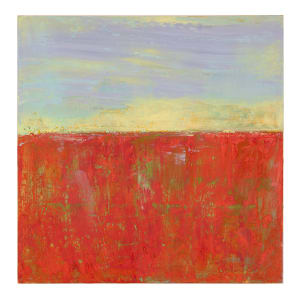 "Landscape #10" by Steven McHugh  Image:  "Landscape #10," an abstract painting by Madeline Island painter Steve McHugh. This unique painting features a dramatic contrast of bold reds/greens in the lower half and a serene sky half of blues, purples, and a yellow horizon glow. Created with oil and cold wax, this 8" x 8" x 2.5" piece on wood panel offers versatility; display it on a shelf or hang it with ease due to its deep panel. Perfect for art enthusiasts looking to add a touch of non-representational beauty to their collection. Enjoy free shipping in the U.S. when you order this stunning piece from stevemchughart.com.

This artwork is an abstract landscape painting is characterized by it's horizontal composition. The bottom portion of the painting is dominated by a vibrant, textured red field with hints of green and yellow, evoking a sense of movement and depth. Above this, a softer, pastel sky features shades of light blue, lavender, and hints of yellow, giving a tranquil contrast to the intense lower half. The meeting point of these two sections is a subtle, uneven horizon, creating an impressionistic landscape that stimulates contemplation and emotion through its bold color contrasts and expressive brushwork.