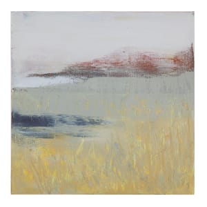 "Landscape #9" by Steven McHugh  Image: Experience the enchanting allure of "Landscape #9," a small magical abstract landscape by Island artist Steve McHugh. This intimate 8" x 8" x 2.5" piece captures the grassy foreground in subtle yellows and grays, a tranquil central water section, and another strip of land beneath a contemplative gray sky. Inspired by the serene lagoon at Madeline Island Town Park, this painting is masterfully crafted with oil and cold wax on wood panel. Perfectly suited for hanging or display on shelf, "Landscape #9" offers a touch of Madeline Island's unique beauty to your space. Shipping to the U.S. is included. Discover more at stevemchughart.com.

The composition includes a combination of muted colors with subtle variations. The lower part of the piece is dominated by yellow and light beige strokes that suggest a field of tall, dry grass. Towards the middle and upper section, there are layers of grey and light blue hues that might represent a distant body of water. A horizontal band of dark red and brown tones at the top adds depth and represents the red cliffs by the State Park.  The brushstrokes are expressive and textured, providing a sense of movement and blending throughout the artwork.