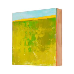 "Landscape #12" by Steven McHugh  Image: Side view of  "Landscape #12," a small original abstract landscape painting by Madeline Island artist Steve McHugh. This intricate piece features a lower portion layered with lush greens that transition seamlessly into a horizon of radiant yellow and a light teal sky. Expertly crafted with oil and cold wax on a substantial 8" x 8" x 2.5" wood panel, this versatile artwork can be elegantly hung or displayed on a shelf. The deep panel design enhances its striking presence, making it a distinctive addition to any collection. Experience the unique artistry of stevemchughart.com, where each piece is a testament to creativity and craftsmanship. Shipping is included in the U.S.

This artwork features an abstract composition characterized by a mix of earthy tones and bright colors. The primary focus of the piece is a large expanse of varying shades of green, which cover the majority of the canvas. The greens are layered and textured, with visible brush strokes and patches of different intensities, giving a sense of depth and organic variation. Near the top of the canvas, a bold, horizontal band of vibrant yellow stretches across, creating a strong contrast with the greens below. Above the yellow band, a strip of light blue suggests an expanse of sky, adding a subtle, serene quality to the composition. The painting overall gives a sense of a landscape interpreted through abstract forms and color fields.