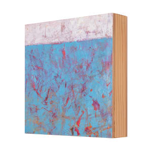 "Color Abstractions #3" by Steven McHugh  Image: Side view of  "Color Abstractions #3," by Madeline Island artist Steve McHugh. This small abstract study consists of opposite colors and textures showcases a dynamic oil and cold wax composition on wood panel. The lower area bursts with bold blues and contrasting reds, while the upper realm offers warm, textured nuances. Measuring 8" x 8" x 2.5", this versatile piece can be elegantly hung or displayed on a shelf. Enjoy complimentary U.S. shipping when you add this unique artwork to your collection from stevemchughart.com.

This abstract painting that vividly contrasts two primary color fields. The upper portion is dominated by a light, almost muted pinkish-white hue with subtle variations and sporadic linear textures, creating a sense of understated complexity. The lower, larger section is a bold, vibrant blue canvas filled with gestural, dynamic strokes in reds, oranges, and purples. These strokes scatter across the blue, generating an appearance of movement and depth. The interplay of the two contrasting sections, along with the energetic brushwork, creates a visually striking and thought-provoking piece.