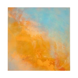 "Clouds" by Steven McHugh  Image: "Clouds," an 8" x 8" oil and cold wax painting on wood panel by Steve McHugh,  abstract painter based on Madeline Island. This versatile piece can effortlessly enhance your space, standing  on a shelf or hanging elegantly with the wire installed on the back.  "Clouds" comes ready to hang and includes shipping within the U.S. Add a touch of Steve's island-inspired artistry to your home or office with this unique, mixed-media gem. 

The artwork is an abstract painting featuring a dynamic blend of colors. Dominant hues of orange and blue create a vibrant contrast, with the orange occupying more of the painting's bottom and central areas, and the blue filling much of the upper section. The colors merge and overlap in soft, layered patterns, giving a sense of depth and fluidity. The texture of the paint is varied, including both smooth gradients and rougher, more textured areas, adding to the visual interest and complexity of the piece.
