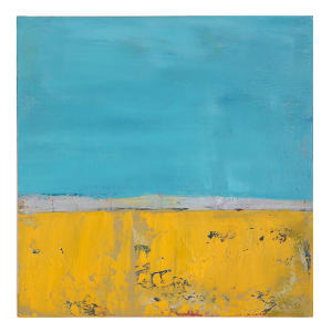 "Landscape #6" by Steven McHugh  Image: Discover the mesmerizing elegance of "Landscape #6," an abstract landscape with bold color variations of blue and yellow divided by a strip of light white with texture. This oil and cold wax painting, crafted on a wood panel, measures 8"x8"x2.5" and is suitable to hang or set on a shelf. Created by  Madeline Island painter Steve McHugh, this small wonder adds a unique touch to any space. Elevate your art collection with this exquisite piece and enjoy complimentary shipping across the U.S. Visit stevemchughart.com to experience the artistry and passion behind every stroke.

This abstract painting with a clear division between two main color fields. The top half of the painting consists of a vast expanse of blue, evoking the sense of a serene sky. The lower half of the painting features a vibrant yellow field, textured and interspersed with darker marks and patches, adding depth and contrast. A thin band of muted, light shades separates the blue and yellow sections, creating a horizon-like effect.
