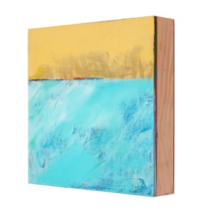 "Landscape #4" by Steven McHugh  Image: Side view of  "Landscape #4," a small abstract landscape measuring 8" x 8" x 2.5". This oil and cold wax artwork presents a striking view from the water of Long Island off Madeline Island and the Apostle Islands. Crafted by  Island artist Steve McHugh, it features bold, contrasting colors and textures of teal and yellow with a distinct strip of color across the panel. This versatile piece on wood panel can be proudly displayed on your wall or placed on a shelf. Price includes shipping in the U.S

The abstract landscape  painting is divided into two distinct horizontal sections. The upper portion of the canvas features a warm, earthy yellow color, with subtle variations and textural strokes that add depth and complexity. The lower section is dominated by a cool, vibrant turquoise, with streaks and patches of varying shades of blue and white, suggesting a sense of movement or fluidity. The contrasting colors and textures between the two sections create a dynamic and visually engaging composition.