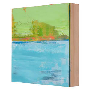 "Landscape #3" by Steven McHugh  Image: Side view of, "Landscape #3," a small abstract landscape painting capturing the essence of an island viewed from the water. Measuring 8" x 8" x 2.5", this piece boasts bold colors and textures, a signature of Madeline Island artist Steve McHugh. Each brushstroke is infused with the spirit of the Apostle Islands, offering a vibrant and tactile experience. Elevate your space with this unique artwork that embodies the beauty and serenity of its origin. Explore the authenticity and creative depth that defines Steve McHugh's artistry at stevemchughart.com. Shipping in the U.S. is included.

The artwork is an abstract landscape painting featuring vibrant hues and dynamic textures. The background of the piece is dominated by a bright lime green color. Broad strokes of green and orange are mixed, creating a sense of energy and movement. Below this section is a horizontal band of deep blue and orange which transitions naturally into a large expanse of vivid turquoise and light blue tones that fill the bottom portion of the painting. The lower area has soft blue brushstrokes and patches of darker shades, adding depth and contrast. The various layers and blending of colors evoke a feeling of tranquility and natural beauty.