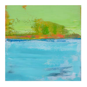 "Landscape #3" by Steven McHugh  Image: Discover the mesmerizing charm of "Landscape #3," a small abstract landscape painting capturing the essence of an island viewed from the water. Measuring 8" x 8" x 2.5", this piece boasts bold colors and textures, a signature of Madeline Island artist Steve McHugh. Each brushstroke is infused with the spirit of the Apostle Islands, offering a vibrant and tactile experience. Elevate your space with this unique artwork that embodies the beauty and serenity of its origin. Explore the authenticity and creative depth that defines Steve McHugh's artistry at stevemchughart.com. Shipping in the U.S. is included.

The artwork is an abstract landscape painting featuring vibrant hues and dynamic textures. The background of the piece is dominated by a bright lime green color. Broad strokes of green and orange are mixed, creating a sense of energy and movement. Below this section is a horizontal band of deep blue and orange which transitions naturally into a large expanse of vivid turquoise and light blue tones that fill the bottom portion of the painting. The lower area has soft blue brushstrokes and patches of darker shades, adding depth and contrast. The various layers and blending of colors evoke a feeling of tranquility and natural beauty.