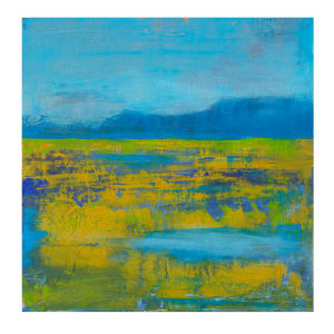 "Landscape #16" by Steven McHugh  Image: Immerse yourself in the serene beauty of the Apostle Islands with "Landscape #16" by Madeline Island artist Steve McHugh. This small landscape masterpiece, capturing the wetlands and bogs of Madeline Island, is crafted with oil and cold wax on a wood panel measuring 8" x 8" x 2.5". The texture and bold combination of blues and yellow-green make this piece a vibrant addition to any space. Versatile in its display, it can be hung on a wall or placed on a shelf, offering flexibility for any decor. Shipping is included in the U.S., making it easy to bring a piece of Madeline Island's tranquility into your home.

This abstract landscape paintings upper half of the painting showcases a serene sky in various shades of blue. Below the sky is a horizontal band of greenish-yellow, suggestive of a field or meadow. Interspersed within this band are patches and streaks of blue and green, giving the illusion of texture and depth, reminiscent of reflections or shadows on a grassy terrain. The painting transitions into more vibrant yellows and further textured blue areas towards the bottom, adding richness and an ethereal quality to the landscape. The composition uses a blend of bold and muted colors to evoke a sense of calm and natural beauty.