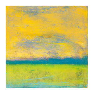 "Landscape #18" by Steven McHugh  Image: Experience the vibrant beauty of "Landscape #18," a small abstract landscape oil and cold wax painting on wood panel by Madeline Island artist Steve McHugh. This captivating piece measures 8" x 8" x 2.5 and offers versatile display options, whether you choose to hang it or place it on a shelf. The painting features bold colors and textures that bring to life a striking yellow sky with blue hues, a blue horizon, and a yellow/green foreground. Enhance your space with this dynamic piece of art, knowing that the price includes shipping within the U.S. Enjoy a touch of abstract beauty from the Apostle Islands at stevemchughart.com.

This abstract landscape painting has a horizontal orientation. It features a broad expanse of yellow occupying the upper half, resembling a sky. There is a textured layer where hints of blue and purple blend into the yellow. Below this, a distinct band of deep blue separates the upper yellow section from a green area at the bottom, which represents a field. The colors blend and interact with each other, creating a sense of depth and movement within the composition.