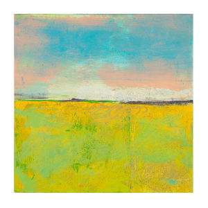 "Landscape #19" by Steven McHugh  Image: Enhance your living space with "Landscape #19," a small original painting by Madeline Island artist Steve McHugh. Featuring a bold yellow/green lower half and a serene pastel blue/pink sky, this oil and cold wax painting measures 8" x 8" x 2.5". Designed for versatility, it can be hung or placed on a shelf with its deep panel. As always, shipping is included in the price for U.S. customers. Embrace the beauty of Madeline Island artistry and add a touch of abstract elegance to your home.

This  vibrant landscape painting  captures a serene field under a dynamic sky. The bottom half of the painting is dominated by a field composed of various shades of yellow and green, suggesting a lush and fertile terrain. The upper half features a sky with a mix of pastel hues, including blue and pink, creating a peaceful and expansive atmosphere. The use of color and texture gives the piece an abstract quality, with visible brush strokes and line work adding depth and movement to the scene. The painting effectively conveys a sense of tranquility and open space.