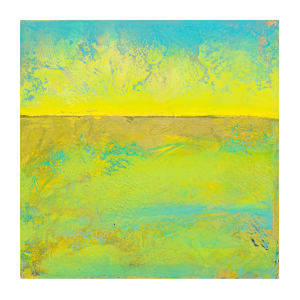"Landscape #20" by Steven McHugh  Image: Experience the vibrant energy of "Landscape #20," a small original abstract landscape by Madeline Island artist Steve McHugh. Featuring bold contrasting yellows and greens and blues, this piece measures 8" x 8" x 2.5" and comes on a wood panel that can be easily hung or placed on a shelf. Each stroke encapsulates the essence of the Apostle Islands, making it a perfect addition to any space seeking a touch of natural elegance. Enjoy the convenience of free shipping within the U.S. when you purchase this exclusive artwork from stevemchughart.com. Transform your environment with this captivating expression of non-representational beauty.

This abstract painting with a horizontal composition that divides the canvas into two distinct sections. The upper part of the painting features a vibrant blend of yellow and turquoise hues, with a textured and cloud-like appearance. The lower section is dominated by a mix of greens and yellows, creating a sense of a landscape or field. The transition between these sections is marked by a thin, darker horizontal line near the center, giving the impression of a horizon. The use of color and texture creates a lively and dynamic visual effect.