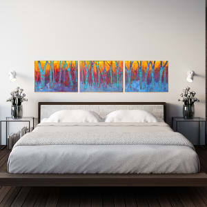 "Firesky"  Image: Room view. Original mixed media abstract triptych oil painting by Stevenjohn McHugh. Each panel measures 21.75" x 29.75" x 2.5. Mixed media with oil stick, marker, oil, graphite, charcoal and cold wax on Arches oil paper glued on wood panel with PH balance glue. Side of wood cradle (solid wood) is varished natural. Signed on front and back. Framed is a vanished gallery frame solid wood. Shipping included in the U.S.