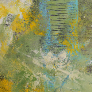 "From Above #2" by Steven McHugh  Image: Original abstract landscape oil painting by Stevenjohn McHugh measuring 14.25" x 10.5" x 1.5".. Mixed media oil, graphite, charcoal and cold wax on Arches oil paper glued on wood panel with PH balance glue. Side of wood cradle (solid wood) is varish. Signed on front and back. Framed with natural finished wood, final size with frame is 15.25 x 11.25 x 2.5".  