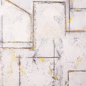 "This Space In Time" by Steven McHugh  Image: Detail view of "This Space In Time," a stunning work by Steve McHugh that redefines minimalism. What first appears to be just a minimalist, abstract painting in white holds layers of textures, modern composition in crayon and pencil, bold strokes and mark making and subtle colors. This study for urban setting is crafted using oil, cold wax, crayon, and graphite on wood panel covered with layers of canvas. Measuring 16.75" x 12.75" x 2.5", it is a testament to the intricate and purposeful layering that characterizes McHugh's work newest collection. Ideal for discerning collectors, this piece captures the essence of modern abstraction with a refined touch.

This minimalist, abstract painting  features a series of thin, intersecting lines creating a geometric composition. The primary colors used are black, yellow, and shades of gray on a predominantly white background. The lines and shapes form various rectangular and polygonal forms, some filled with color and texture, creating a sense of depth and movement within the composition. The overall style is modern and abstract, with a focus on linear structures and subtle color contrasts. Framed in a simple wood gallery floating frame.

Sales tax and shipping costs determined with destination.