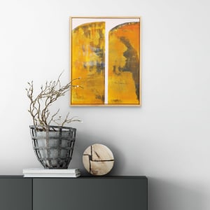 "Yellow Bar #1" by Steven McHugh  Image: Room view of original mixed media painting by abstract artist Steve McHugh, this 20" x 16" painting is yellow and Indian yellow and is on Arches oil paper, glued on wood panel and is in gallery floating fram