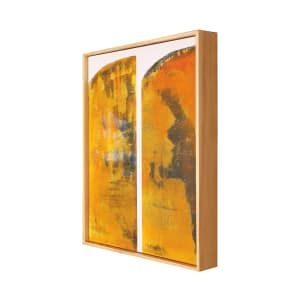 "Yellow Bar #1" by Steven McHugh  Image: Side view of original mixed media painting by abstract artist Steve McHugh, this 20" x 16" painting is yellow and Indian yellow and is on Arches oil paper, glued on wood panel and is in gallery floating fram