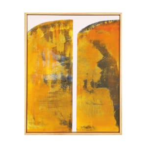 "Yellow Bar #1" by Steven McHugh  Image: Overall view of original mixed media painting by abstract artist Steve McHugh, this 20" x 16" painting is yellow and Indian yellow and is on Arches oil paper, glued on wood panel and is in gallery floating frame.