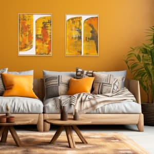 "Yellow Bars #2" by Steven McHugh  Image: Room view of "Yellow Bars #1 and  of "Yellow Bars #2" is  a captivating mixed media painting that is sure to make a statement in any room. Measuring 20" x 16", this bold and vibrant piece features stunning shades of yellow and orange that will bring a burst of energy to your home or office. The painting is beautifully framed in a sleek gallery floating wood frame, adding a touch of modern elegance to the artwork. This original piece is the perfect addition to any art collection or the ideal focal point for a room in need of a pop of color. Add a touch of warmth and vibrancy to your space with "Yellow Bars #2". Painting with frame is 20.5" x 16.25".
Sales tax and shipping is added after purchase.