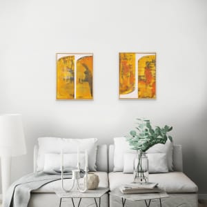 "Yellow Bars #2" by Steven McHugh  Image: Room view of "Yellow Bars #1 and  of "Yellow Bars #2" is  a captivating mixed media painting that is sure to make a statement in any room. Measuring 20" x 16", this bold and vibrant piece features stunning shades of yellow and orange that will bring a burst of energy to your home or office. The painting is beautifully framed in a sleek gallery floating wood frame, adding a touch of modern elegance to the artwork. This original piece is the perfect addition to any art collection or the ideal focal point for a room in need of a pop of color. Add a touch of warmth and vibrancy to your space with "Yellow Bars #2". Painting with frame is 20.5" x 16.25".
Sales tax and shipping is added after purchase.