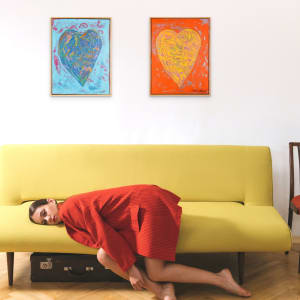 "Blue Heart" by Steven McHugh  Image: Room view with painting "Yellow Heart added" "Blue Heart" is a unique and textured work of art that will make a powerful statement in any space. McHugh's use of bold strokes and intricate patterns allows the painting to evoke a sense of deep emotion and introspection, making it a thought-provoking addition to any art collection. With its vibrant teal, deep blue, and delicate touches of gold and orange, "Blue Heart" is a captivating piece that is sure to captivate and inspire all who have the privilege of experiencing its raw beauty. Whether you are a seasoned art collector or a first-time buyer, "Blue Heart" is an exceptional investment that will bring a sense of depth and sophistication to any environment. Don't miss the opportunity to own this stunning original painting and bring a touch of creativity and passion into your life.

Painting is a combination of graphite, wax crayon, oil and cold wax layers, reduced with scrapping and sanding to create this worn surface. Surface is arches oil paper, glued to wood panel with PH balanced glue and placed in custom gallery floating frame.

Shipping and state sales tax is added after purchase.