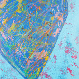 "Blue Heart" by Steven McHugh  Image: Detail view of "Blue Heart" is a unique and textured work of art that will make a powerful statement in any space. McHugh's use of bold strokes and intricate patterns allows the painting to evoke a sense of deep emotion and introspection, making it a thought-provoking addition to any art collection. With its vibrant teal, deep blue, and delicate touches of gold and orange, "Blue Heart" is a captivating piece that is sure to captivate and inspire all who have the privilege of experiencing its raw beauty. Whether you are a seasoned art collector or a first-time buyer, "Blue Heart" is an exceptional investment that will bring a sense of depth and sophistication to any environment. Don't miss the opportunity to own this stunning original painting and bring a touch of creativity and passion into your life.

Painting is a combination of graphite, wax crayon, oil and cold wax layers, reduced with scrapping and sanding to create this worn surface. Surface is arches oil paper, glued to wood panel with PH balanced glue and placed in custom gallery floating frame.

Shipping and state sales tax is added after purchase.