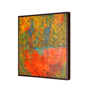 "Tranquil Forest" by Steven McHugh  Image: Side view of  "Tranquil Forest" by abstract painter Steve McHugh. This original painting bursts with intense colors and intricate detail markings, creating a bold and captivating piece of art. The intense reds are offset by textures of greens, yellows, and blues, evoking the feeling of being surrounded by a lush and vibrant forest. The small pond in the foreground, complete with basalt rocks along the shore, was inspired by the stunning natural beauty of Madeline Island in Lake Superior, as part of the Apostle Islands Lakeshore. Add a touch of nature and serenity to your space with this stunning piece from the artist's studio.

Painting is mixed media on masonite 12" x 12" panel and is framed with metal frame. Layers are oil and cold wax, wax crayons, and  graphite with palette knives and even beach hand.

This artwork is a vibrant abstract painting, bordered by a simple dark frame. The composition is distinguished by a dynamic interplay of colors and textures that suggest a natural landscape setting. The canvas is dominated by fiery shades of orange and red that create an almost molten, flowing effect at the bottom portion which represents a frog pond and a forest floor awash with autumn leaves.

Above this area, vertical elements in blue and darker tones stretch upward, representing trees within this chromatic environment. Interspersed among these vertical forms are specks and patches of bright yellow and green, mimicking the chaotic beauty of foliage caught in the light. The interweaving of these colors is achieved through a mix of blending and layering techniques, giving the work a sense of depth and movement.

The abstract nature of the painting allows for multiple interpretations, but it strongly evokes the essence of a forest during the fall season, full of intense warmth and vivacity. The overall effect is both striking and captivating, inviting the viewer to explore the details within the tumult of colors.

Shipping and sales tax will be established after purchase.