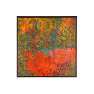 "Tranquil Forest" by Steven McHugh  Image: Bring the beauty and tranquility of the forest into your home with "Tranquil Forest" by abstract painter Steve McHugh. This original painting bursts with intense colors and intricate detail markings, creating a bold and captivating piece of art. The intense reds are offset by textures of greens, yellows, and blues, evoking the feeling of being surrounded by a lush and vibrant forest. The small pond in the foreground, complete with basalt rocks along the shore, was inspired by the stunning natural beauty of Madeline Island in Lake Superior, as part of the Apostle Islands Lakeshore. Add a touch of nature and serenity to your space with this stunning piece from the artist's studio.

Painting is mixed media on masonite 12" x 12" panel and is framed with metal frame. Layers are oil and cold wax, wax crayons, and  graphite with palette knives and even beach hand.

This artwork is a vibrant abstract painting, bordered by a simple dark frame. The composition is distinguished by a dynamic interplay of colors and textures that suggest a natural landscape setting. The canvas is dominated by fiery shades of orange and red that create an almost molten, flowing effect at the bottom portion which represents a frog pond and a forest floor awash with autumn leaves.

Above this area, vertical elements in blue and darker tones stretch upward, representing trees within this chromatic environment. Interspersed among these vertical forms are specks and patches of bright yellow and green, mimicking the chaotic beauty of foliage caught in the light. The interweaving of these colors is achieved through a mix of blending and layering techniques, giving the work a sense of depth and movement.

The abstract nature of the painting allows for multiple interpretations, but it strongly evokes the essence of a forest during the fall season, full of intense warmth and vivacity. The overall effect is both striking and captivating, inviting the viewer to explore the details within the tumult of colors.

Shipping and sales tax will be established after purchase.