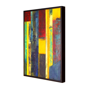 "Bands of Color" by Steven McHugh  Image: Side view of  "Bands Of Color" - a stunning mixed media collage painting by abstract painter Steve McHugh, capturing the essence of vibrant bands of color. This stunning piece is created using individual portions of oil paintings, carefully glued together on a sturdy masonite panel to create a visually captivating piece. The bold colors and vertical strips draw the viewers in, with hues of striking blues, sunny yellows, and fiery reds, evoking a sense of energy and movement. Each band of color is meticulously crafted, blending seamlessly to create a mesmerizing work of art that will add a touch of modern sophistication to any space. Don't miss the chance to bring this unique and dynamic piece into your art collection.

Bands are created from paintings of oil paint on oil paper, cut and glued with PH balenced glue on masonite panel.  Size is 12" x 9" x .25" with the frame size is 12.5" x 9.5" x 1" and is ready to hang.

State sales tax and shipping costs are added after sale.
