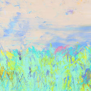 "Moments" by Steven McHugh  Image: Detail view, "Moments" is a stunning original abstract landscape painting by Steve McHugh, created using a unique mixed media technique of oil and cold wax, and crayon on wood panel. This beautiful piece is  framed in a gallery floating frame, perfectly showcasing its dimensions of 29.75" x 21.75". "Moments" captures an impressionistic version of a field and sky, with vibrant shades of green dominating the lower two-thirds, while a strikingly dynamic sky takes center stage in the upper one-third. This masterpiece brings the beauty of nature to life with its bold colors and emotive brushstrokes, making it the perfect addition to any art lover's collection.

The artwork is a painting featuring an expansive field of textured, vertical brushstrokes in various shades of light green and blue, conveying the vitality of a lush meadow. Hints of yellow, red, and darker blues are interspersed throughout the field, suggesting the presence of wildflowers or variations in foliage. Above the field, the sky is rendered with horizontal strokes of pale blue, white, and a touch of yellow, reflecting the soft light of either dawn or dusk. The cumulative effect is one of a dreamy, impressionistic landscape that invites the viewer to experience the calm and beauty of a serene, natural setting. The painting is framed with a simple, unadorned frame that encloses the artwork.