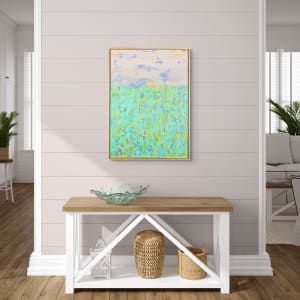 "Moments" by Steven McHugh  Image: Room view, "Moments" is a stunning original abstract landscape painting by Steve McHugh, created using a unique mixed media technique of oil and cold wax, and crayon on wood panel. This beautiful piece is  framed in a gallery floating frame, perfectly showcasing its dimensions of 29.75" x 21.75". "Moments" captures an impressionistic version of a field and sky, with vibrant shades of green dominating the lower two-thirds, while a strikingly dynamic sky takes center stage in the upper one-third. This masterpiece brings the beauty of nature to life with its bold colors and emotive brushstrokes, making it the perfect addition to any art lover's collection.

The artwork is a painting featuring an expansive field of textured, vertical brushstrokes in various shades of light green and blue, conveying the vitality of a lush meadow. Hints of yellow, red, and darker blues are interspersed throughout the field, suggesting the presence of wildflowers or variations in foliage. Above the field, the sky is rendered with horizontal strokes of pale blue, white, and a touch of yellow, reflecting the soft light of either dawn or dusk. The cumulative effect is one of a dreamy, impressionistic landscape that invites the viewer to experience the calm and beauty of a serene, natural setting. The painting is framed with a simple, unadorned frame that encloses the artwork.