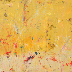 "Lazy Day" by Steven McHugh  Image: Detail view,  "Lazy Day" is a captivating addition to any art collection. Measuring 30.25" x 22.25", this piece is a beautiful combination of crayon, oil, and cold wax on wood panel, framed in a sleek gallery floating frame. Divided into three distinct sections, the upper portion features a warm sky blue with tree silhouettes, while the center area is a rich ochre/gold with texture and the lower section is a neutral taupe with subtle background textures of red and green. The marks and textures in this piece create a sense of serenity, making it perfect for any space in need of a calm and peaceful atmosphere. Add depth and elegance to your home with this unique work of art.

"Lazy Day" is an abstract landscape composition dominated by a yellow background. It includes a variety of marks, splatters, and strokes in different colors such as blue, red, and white, which create a dynamic and seemingly spontaneous overlay. The sense of movement and energy is palpable, as the colors intersect and react to one another across the canvas. The edge of the panel is lined with a gallery floating frame of light wood, further emphasizing the painting as an intentional work of art. The overall effect is one that engages the viewer in a visual exploration of color, form, and the emotive potential of abstract expression.
