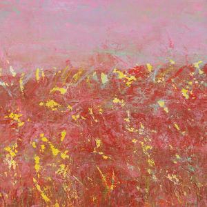 "Stillness" by Steven McHugh  Image: Detail view,  "Stillness" painting is an original mixed media horizon piece created with crayon, oil, and cold wax on a wood panel. This stunning piece is framed in a gallery floating frame with a light wood finish and measures 30.25" x 22.25". The upper third of the painting features a breathtaking violet sky with fluffy clouds, while the lower two-thirds are adorned with a rich cranberry color and textured with blues, greens, and yellow. This captivating artwork exudes a sense of tranquility and serenity, making it the perfect addition to any art enthusiast's collection. The unique combination of mediums and striking color palette make "Stillness" a truly one-of-a-kind piece that is sure to captivate onlookers.

"Stillness" is an abstract painting with a dominant plum and red color palette. The top third of the painting features a lighter cranberry hue, suggesting a hazy sky or backdrop. Below, the canvas is textured with layers of reds, pinks, and accents of yellow and white, evocative of a field of flowers,  a natural landscape horizon in bloom. The use of color and texture creates a sense of depth and motion, while the overall effect is one of a dreamlike or impressionistic scene.