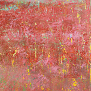 "Stillness" by Steven McHugh  Image: Detail view, "Stillness" painting is an original mixed media horizon piece created with crayon, oil, and cold wax on a wood panel. This stunning piece is framed in a gallery floating frame with a light wood finish and measures 30.25" x 22.25". The upper third of the painting features a breathtaking violet sky with fluffy clouds, while the lower two-thirds are adorned with a rich cranberry color and textured with blues, greens, and yellow. This captivating artwork exudes a sense of tranquility and serenity, making it the perfect addition to any art enthusiast's collection. The unique combination of mediums and striking color palette make "Stillness" a truly one-of-a-kind piece that is sure to captivate onlookers.

"Stillness" is an abstract painting with a dominant plum and red color palette. The top third of the painting features a lighter cranberry hue, suggesting a hazy sky or backdrop. Below, the canvas is textured with layers of reds, pinks, and accents of yellow and white, evocative of a field of flowers,  a natural landscape horizon in bloom. The use of color and texture creates a sense of depth and motion, while the overall effect is one of a dreamlike or impressionistic scene.