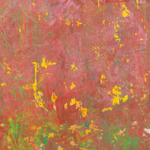 "Stillness" by Steven McHugh  Image: Detail view of  "Stillness," painting is an original mixed media horizon piece created with crayon, oil, and cold wax on a wood panel. This stunning piece is framed in a gallery floating frame with a light wood finish and measures 30.25" x 22.25". The upper third of the painting features a breathtaking violet sky with fluffy clouds, while the lower two-thirds are adorned with a rich cranberry color and textured with blues, greens, and yellow. This captivating artwork exudes a sense of tranquility and serenity, making it the perfect addition to any art enthusiast's collection. The unique combination of mediums and striking color palette make "Stillness" a truly one-of-a-kind piece that is sure to captivate onlookers.

"Stillness" is an abstract painting with a dominant plum and red color palette. The top third of the painting features a lighter cranberry hue, suggesting a hazy sky or backdrop. Below, the canvas is textured with layers of reds, pinks, and accents of yellow and white, evocative of a field of flowers,  a natural landscape horizon in bloom. The use of color and texture creates a sense of depth and motion, while the overall effect is one of a dreamlike or impressionistic scene.