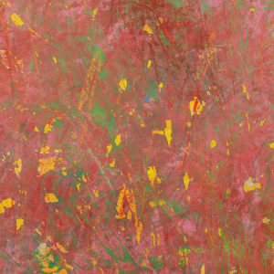 "Stillness" by Steven McHugh  Image: Detail view of  "Stillness," painting is an original mixed media horizon piece created with crayon, oil, and cold wax on a wood panel. This stunning piece is framed in a gallery floating frame with a light wood finish and measures 30.25" x 22.25". The upper third of the painting features a breathtaking violet sky with fluffy clouds, while the lower two-thirds are adorned with a rich cranberry color and textured with blues, greens, and yellow. This captivating artwork exudes a sense of tranquility and serenity, making it the perfect addition to any art enthusiast's collection. The unique combination of mediums and striking color palette make "Stillness" a truly one-of-a-kind piece that is sure to captivate onlookers.

"Stillness" is an abstract painting with a dominant plum and red color palette. The top third of the painting features a lighter cranberry hue, suggesting a hazy sky or backdrop. Below, the canvas is textured with layers of reds, pinks, and accents of yellow and white, evocative of a field of flowers,  a natural landscape horizon in bloom. The use of color and texture creates a sense of depth and motion, while the overall effect is one of a dreamlike or impressionistic scene.