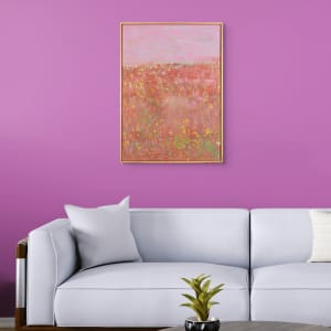 "Stillness" by Steven McHugh  Image: Room view, "Stillness" painting is an original mixed media horizon piece created with crayon, oil, and cold wax on a wood panel. This stunning piece is framed in a gallery floating frame with a light wood finish and measures 30.25" x 22.25". The upper third of the painting features a breathtaking violet sky with fluffy clouds, while the lower two-thirds are adorned with a rich cranberry color and textured with blues, greens, and yellow. This captivating artwork exudes a sense of tranquility and serenity, making it the perfect addition to any art enthusiast's collection. The unique combination of mediums and striking color palette make "Stillness" a truly one-of-a-kind piece that is sure to captivate onlookers.

"Stillness" is an abstract painting with a dominant plum and red color palette. The top third of the painting features a lighter cranberry hue, suggesting a hazy sky or backdrop. Below, the canvas is textured with layers of reds, pinks, and accents of yellow and white, evocative of a field of flowers,  a natural landscape horizon in bloom. The use of color and texture creates a sense of depth and motion, while the overall effect is one of a dreamlike or impressionistic scene.